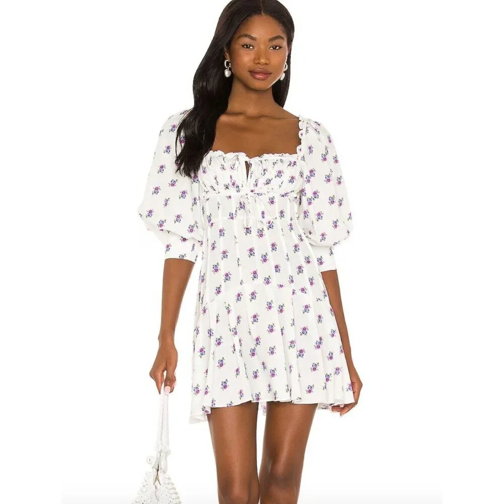 For Love & Lemons Viola Mini Dress White Purple Floral Half Sleeves Size XL